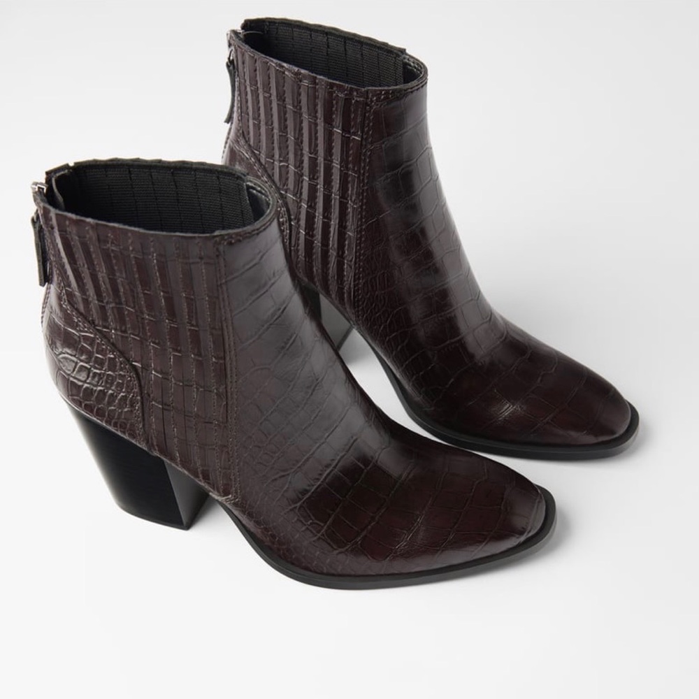 Zara Burgundy Red Animal Embossed Heeled Boots